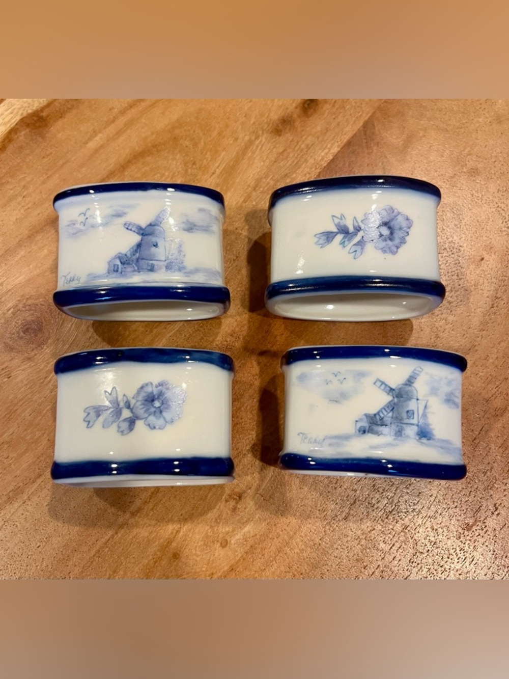 Blue & White Delft Porcelain Napkin Rings with Windmill and Floral Motifs